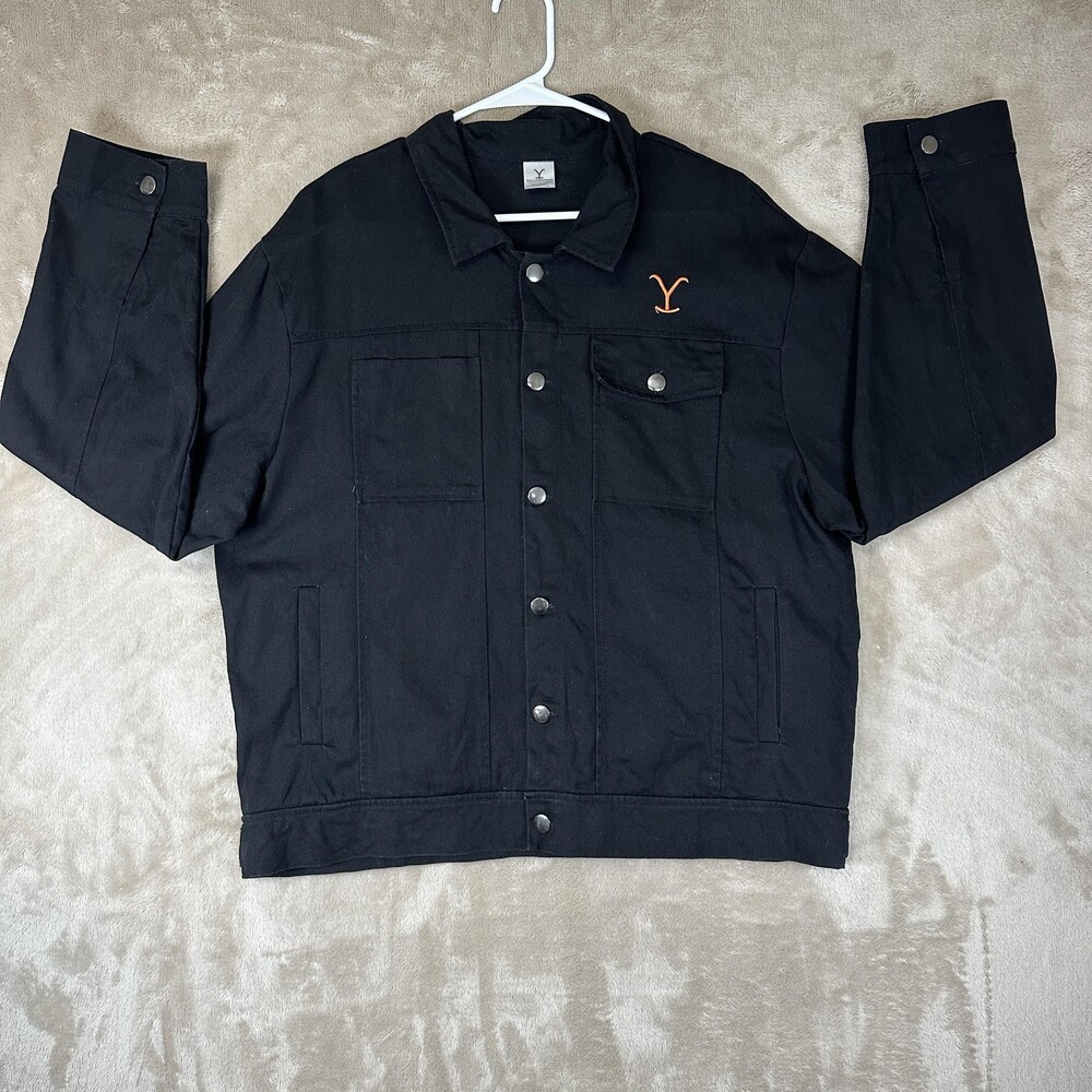 Spirit Yellowstone Jacket Mens Large Black Denim Snap Front Western Ranch Logo